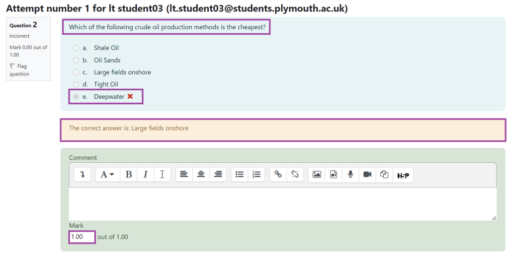 Screenshot of the display of a student attempt (highlighted) and of the field to update the mark (highlighted) within a question.
