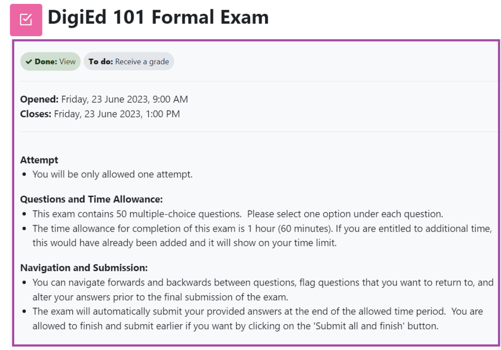 Screenshot of the display of the ‘Quiz’ activity of an online exam (highlighted) in Moodle.