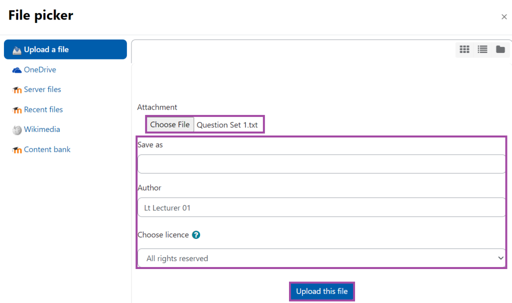 Screenshot of the display of the file picker (highlighted) under the 'Import' menu of a Question bank.