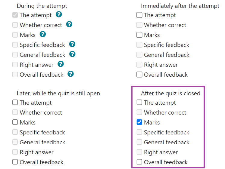 Screenshot of the listed options (the last column highlighted) under the ‘Review options’ section in the setting of a DLE ‘Quiz’ activity.