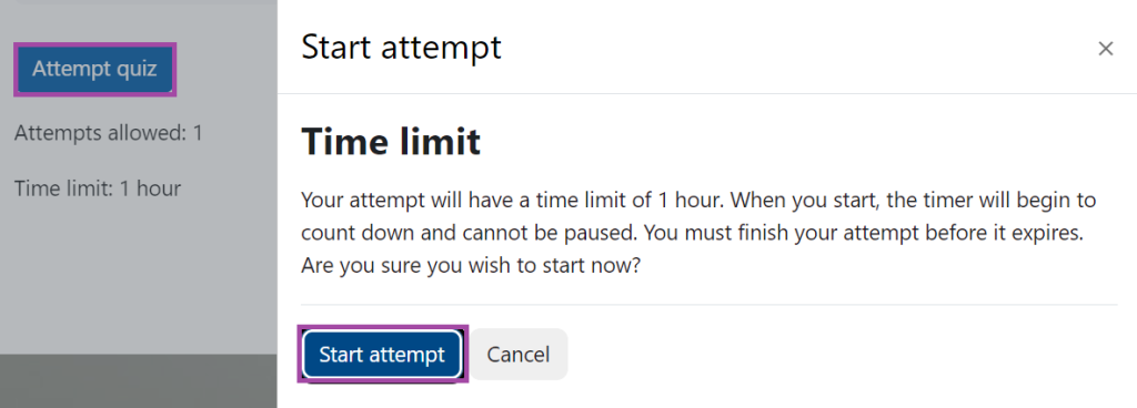Screenshot of the display of the 'Attempt quiz' and 'Start attempt' buttons (highlighted) under a Moodle quiz.