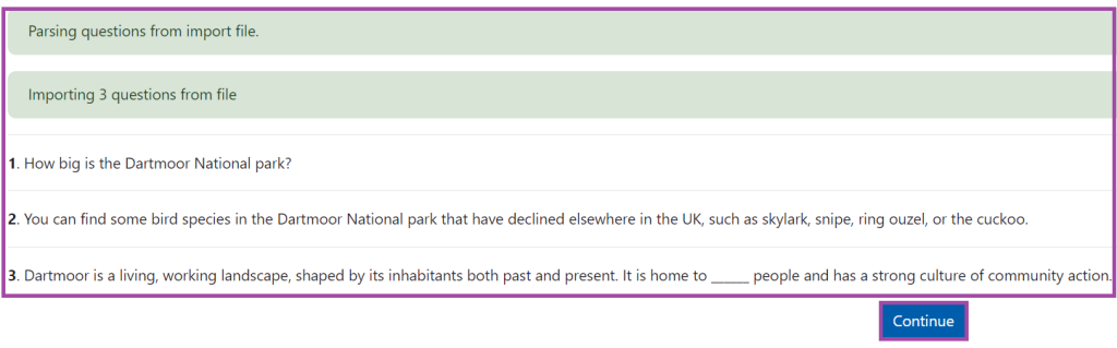 Screenshot of the display of the successfully imported questions (highlighted) in a Question bank.