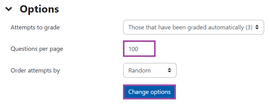 Screenshot of the display of the ‘Questions per page’ setting (highlighted) within the manual grades of a Moodle quiz.