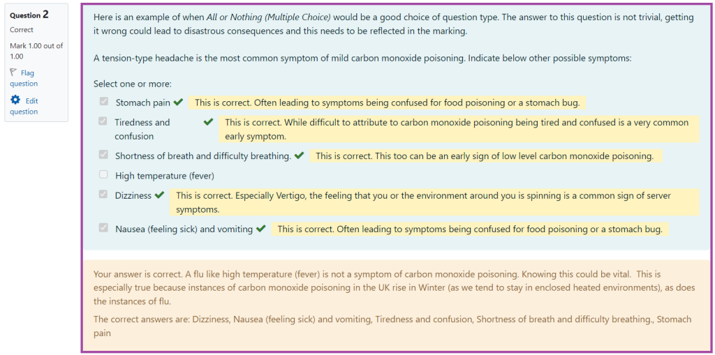 Screenshot of the display of the ‘All-or-Nothing Multiple Choice’ question type in a Moodle quiz with feedback provided (highlighted) based on given responses (highlighted).