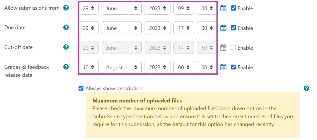 Screenshot of the time frame settings (highlighted) under a submission point.