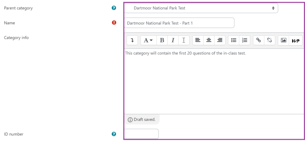 Screenshot of the display of the settings (highlighted) for adding a new category to a Question bank.