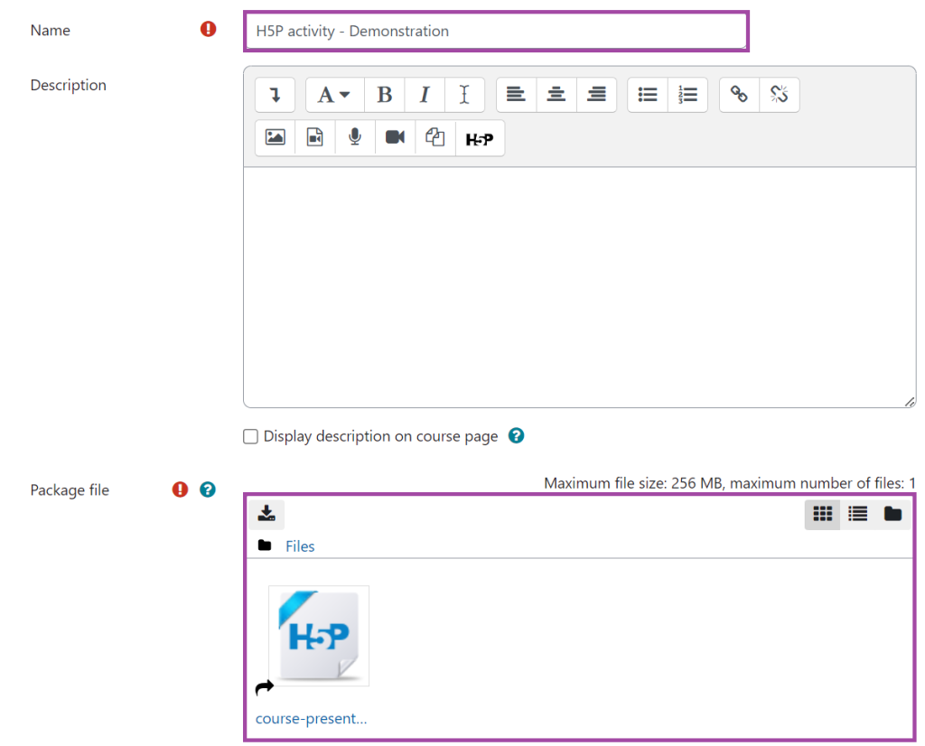 Screenshot of the display of the mandatory settings (highlighted) in an H5P activity.