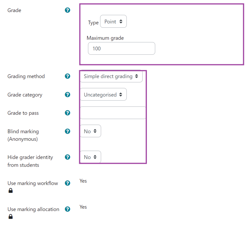 Screenshot of the grade settings (highlighted) under a submission point.