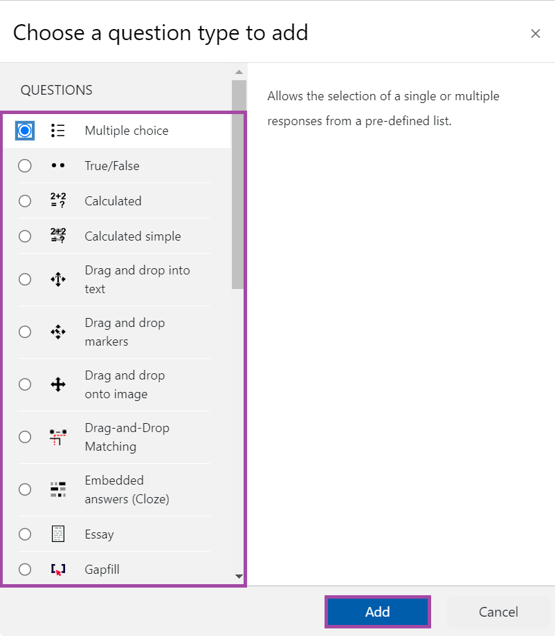 Screenshot of the display of the existing question types (highlighted) in the DLE.