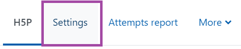 Screenshot of the display of the 'Settings' menu (highlighted) under an H5P activity.
