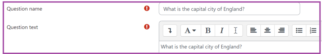 Screenshot of the display of the 'Question name' and 'Question text' settings (highlighted) in the settings of a multiple-choice.