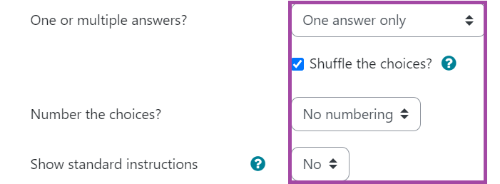 Screenshot of the display of the settings related to the choices (highlighted) in the settings of a multiple-choice.