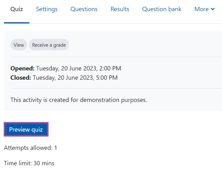 Screenshot of the display of the 'Quiz' and the 'Preview quiz' buttons (highlighted) in Moodle.