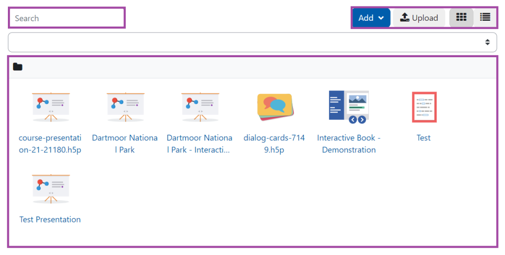Screenshot of the display of the Content bank and its navigation bar (highlighted) in a DLE page.