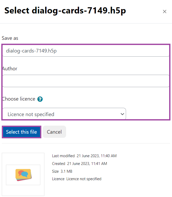 Screenshot of the displayed metadata (highlighted) that belongs to an H5P object and the ‘Select this file’ button (highlighted) during the import process.