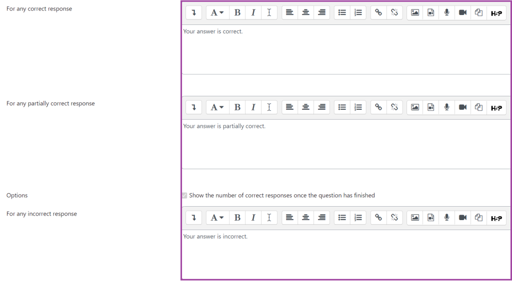 Screenshot of the display of the feedback settings (highlighted) related to a multiple-choice question.