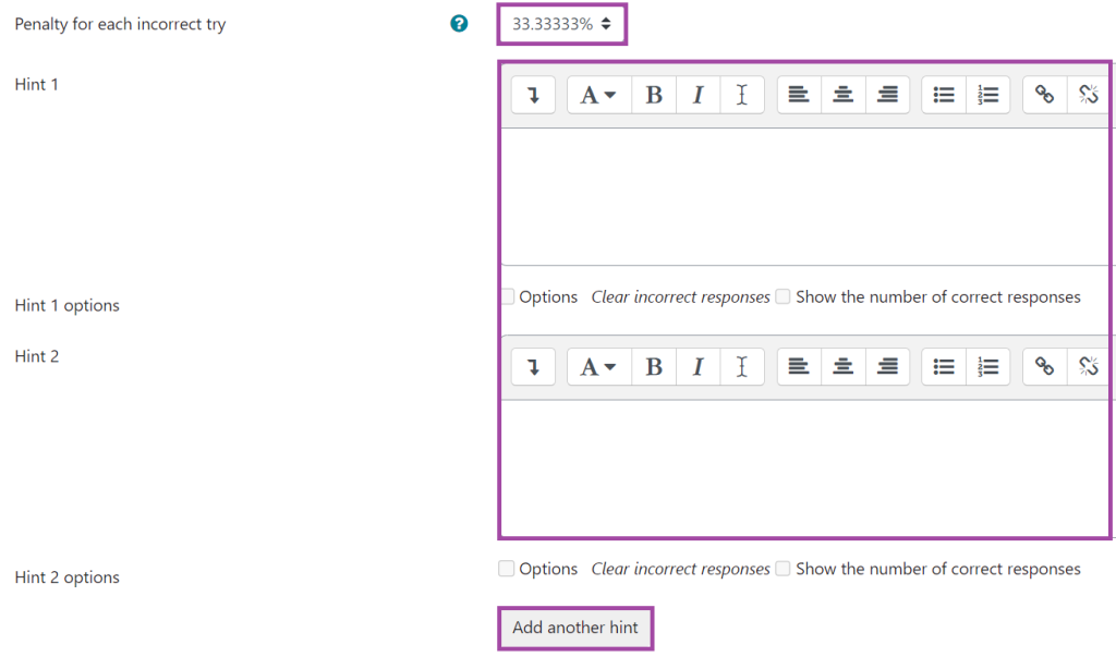 Screenshot of the display of the penalties and hints (highlighted) in the settings of a multiple-choice question.