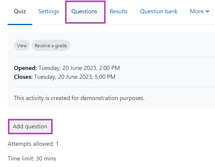 Screenshot of the display of the 'Add question' and the 'Questions' buttons (highlighted) in the dashboard of a Moodle quiz.