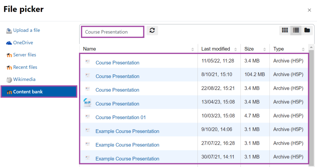 Screenshot of the display of searching for an H5P object (highlighted) within Moodle’s Content bank (center place) (highlighted).