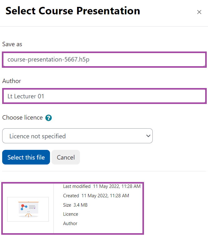 Screenshot of the display of the metadata (highlighted) of an H5P object (highlighted) within Moodle’s Content bank (center place).