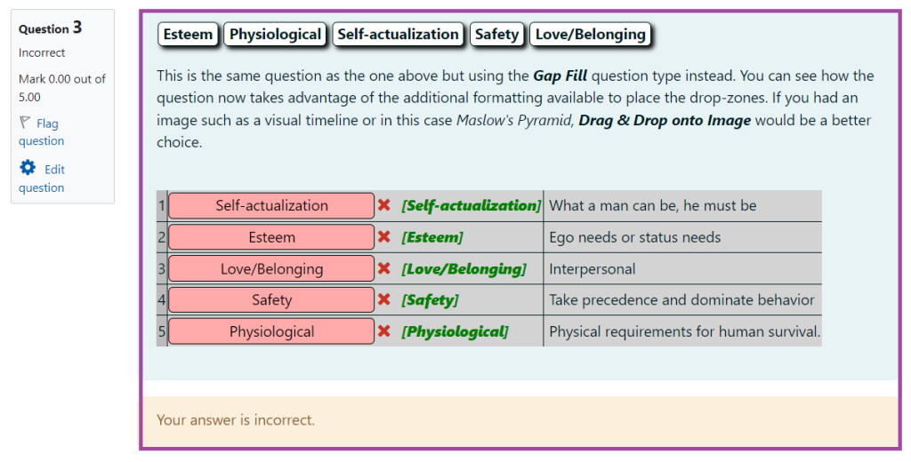 Screenshot of the display of the ‘Ordering’ question type in a Moodle quiz with feedback provided (highlighted) based on given responses (highlighted).