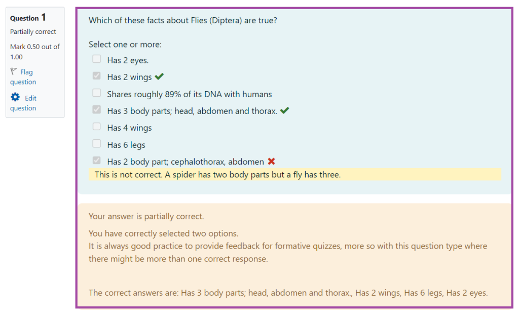 Screenshot of the display of the ‘OU Multiple Response’ question type in a Moodle quiz with feedback provided (highlighted) based on given responses (highlighted).