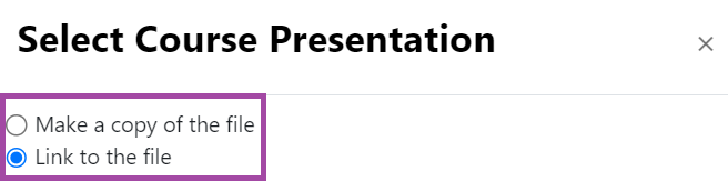 Screenshot of the display of the ‘Link to the file’ setting (highlighted) when selecting an H5P object to be added to an ‘H5P’ activity type.