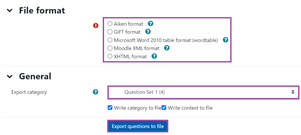 Screenshot of the display of the 'Export' menu (highlighted) in a Question bank.