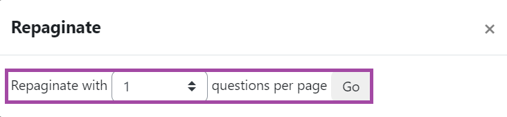 Screenshot of the display of the 'Repaginate' setting (highlighted) in a Moodle quiz.