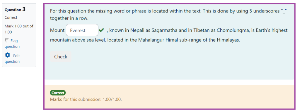 Screenshot of the display of the ‘Short Answer’ question type in a Moodle quiz with feedback provided (highlighted) based on given responses (highlighted).