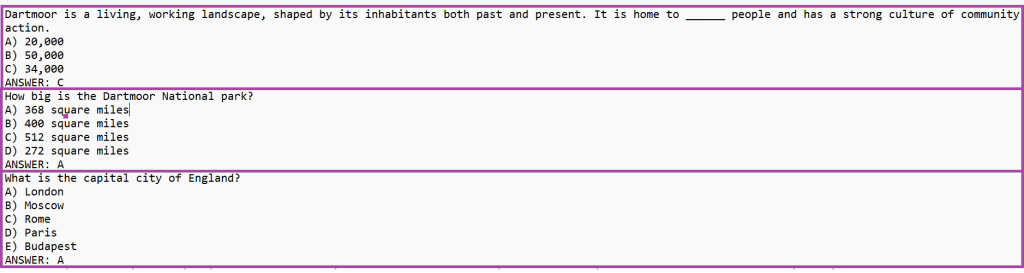 Screenshot of the display of the question list (highlighted) in a txt file format.