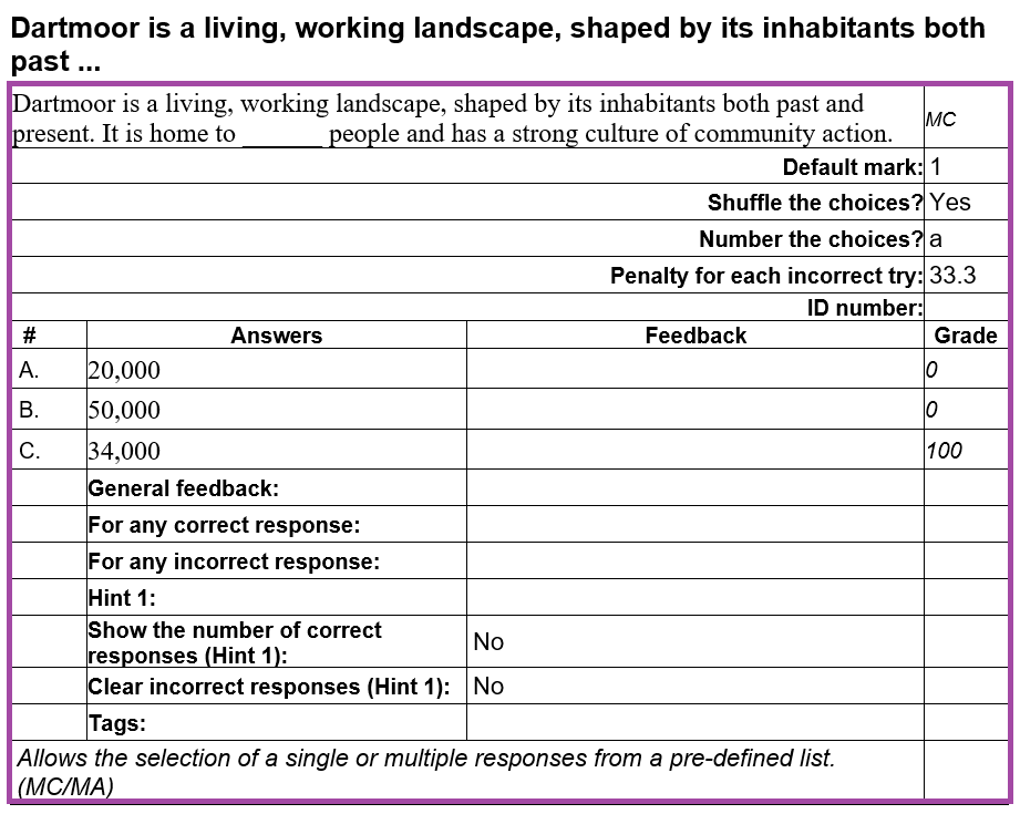 Screenshot of the display of the question list (highlighted) in a Word document table.