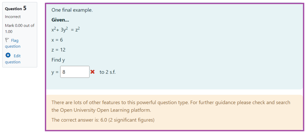 Screenshot of the display of the ‘Variable Numberic’ question type in a Moodle quiz with feedback provided (highlighted) based on given responses (highlighted).