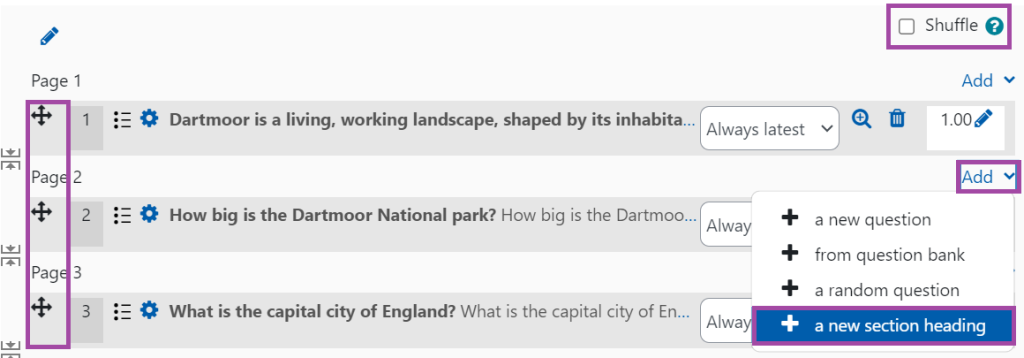 Screenshot of the display of the options related to the order of the questions (highlighted) in a Moodle quiz.