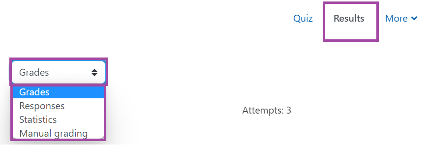 Screenshot of the display of the 'Results' button and the 'Grades' the drop-down list (highlighted) in a Moodle quiz.