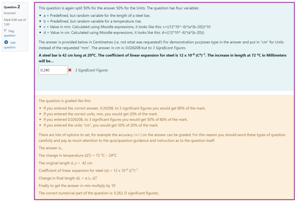 Screenshot of the display of the ‘Variable Numeric Set with Units’ question type in a Moodle quiz with feedback provided (highlighted) based on given responses (highlighted).