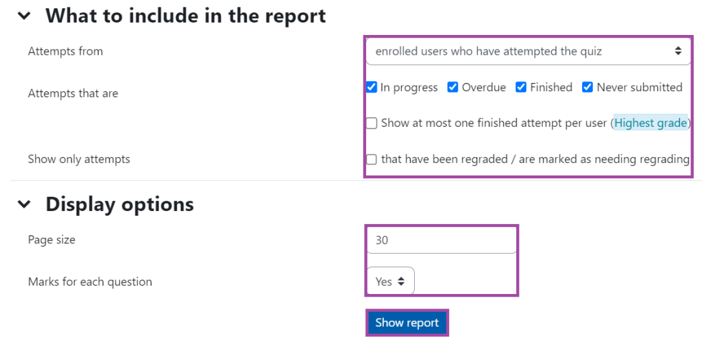 Screenshot of the display of the filters (highlighted) within the ‘Grade’ menu.