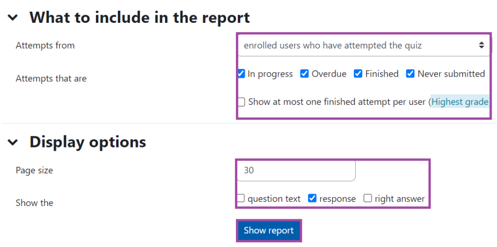 Screenshot of the display of the filters (highlighted) within the ‘Grade’ menu.