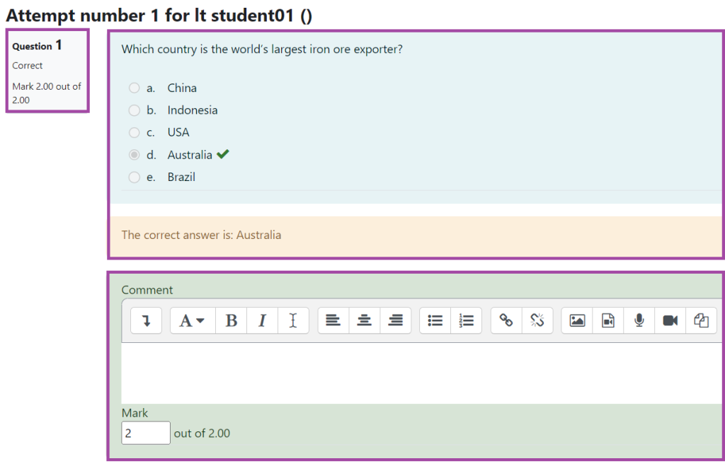 Screenshot of the display of the manual grading of a question (highlighted) and student attempt under it (highlighted) within the ‘Manual grading’ menu.