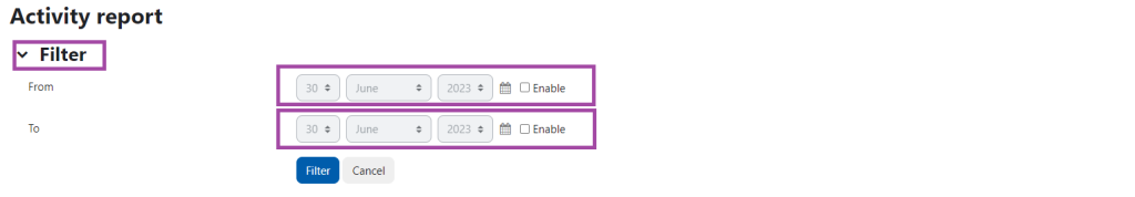Screenshot of the Activity report filter.