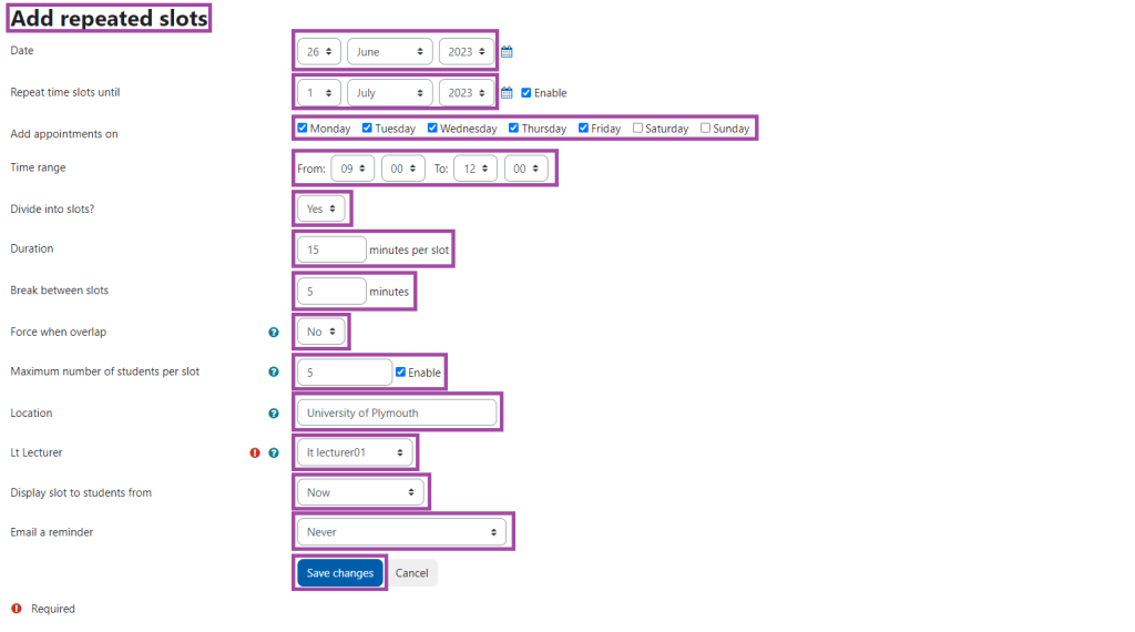 Screenshot of the display of the settings (highlighted) for adding new time slots under a ‘Scheduler’ activity in a DLE course. 