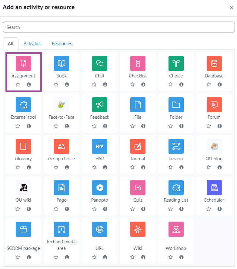 Screenshot of selecting the ‘Assignment’ activity (highlighted) in the activity picker of a DLE course.