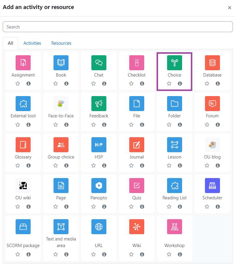 Screenshot of selecting the ‘Choice’ activity (highlighted) in the activity picker of a DLE course.