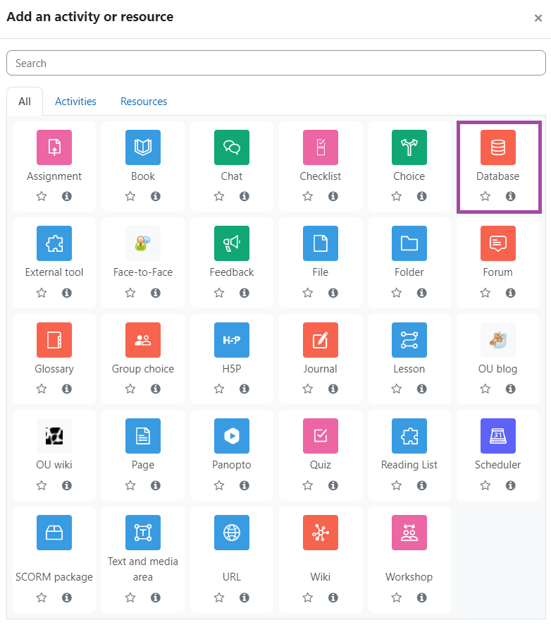 Screenshot of selecting the ‘Database’ activity (highlighted) in the activity picker of a DLE course.