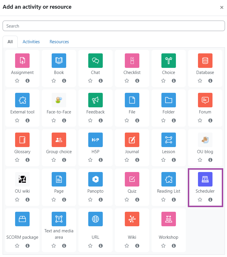 Screenshot of selecting the ‘Scheduler’ activity (highlighted) in the activity picker in a DLE course.