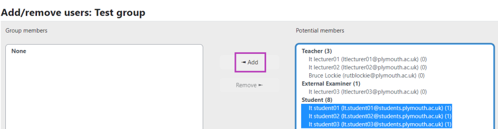 Screenshot of add/remove users to group process.