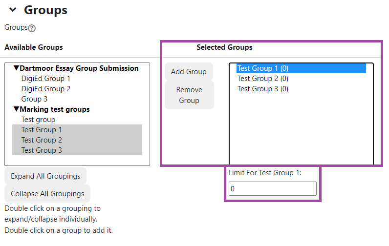 Screenshot of the Groups options of a 'Group Choice' activity. Selected Groups highlighted.