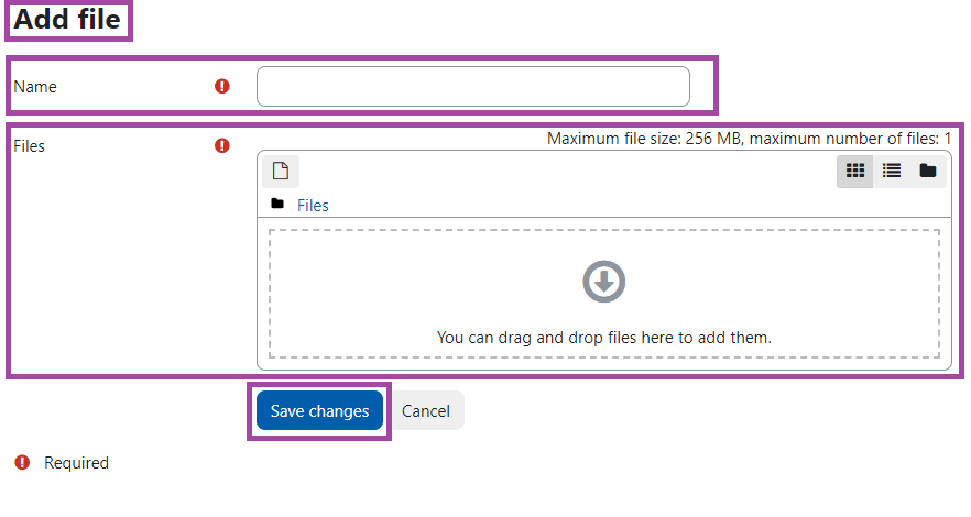 Screenshot of the display of the add file upload process (highlighted) within Module Boxes.