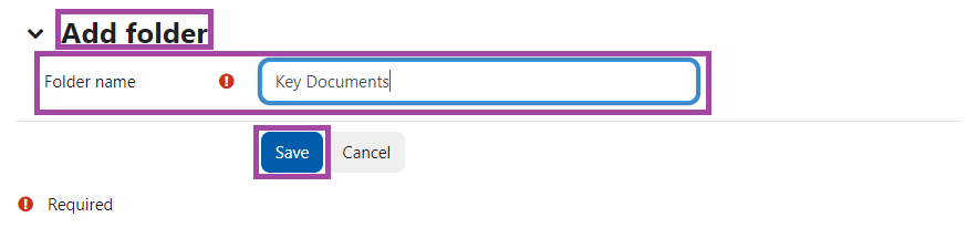 Screenshot of the display of the Add folder settings (highlighted) within Module Boxes.