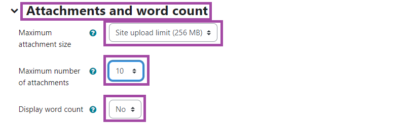 Screenshot of the ‘Attachments and word count’ section (highlighted) under a ‘Forum’ activity in the DLE.